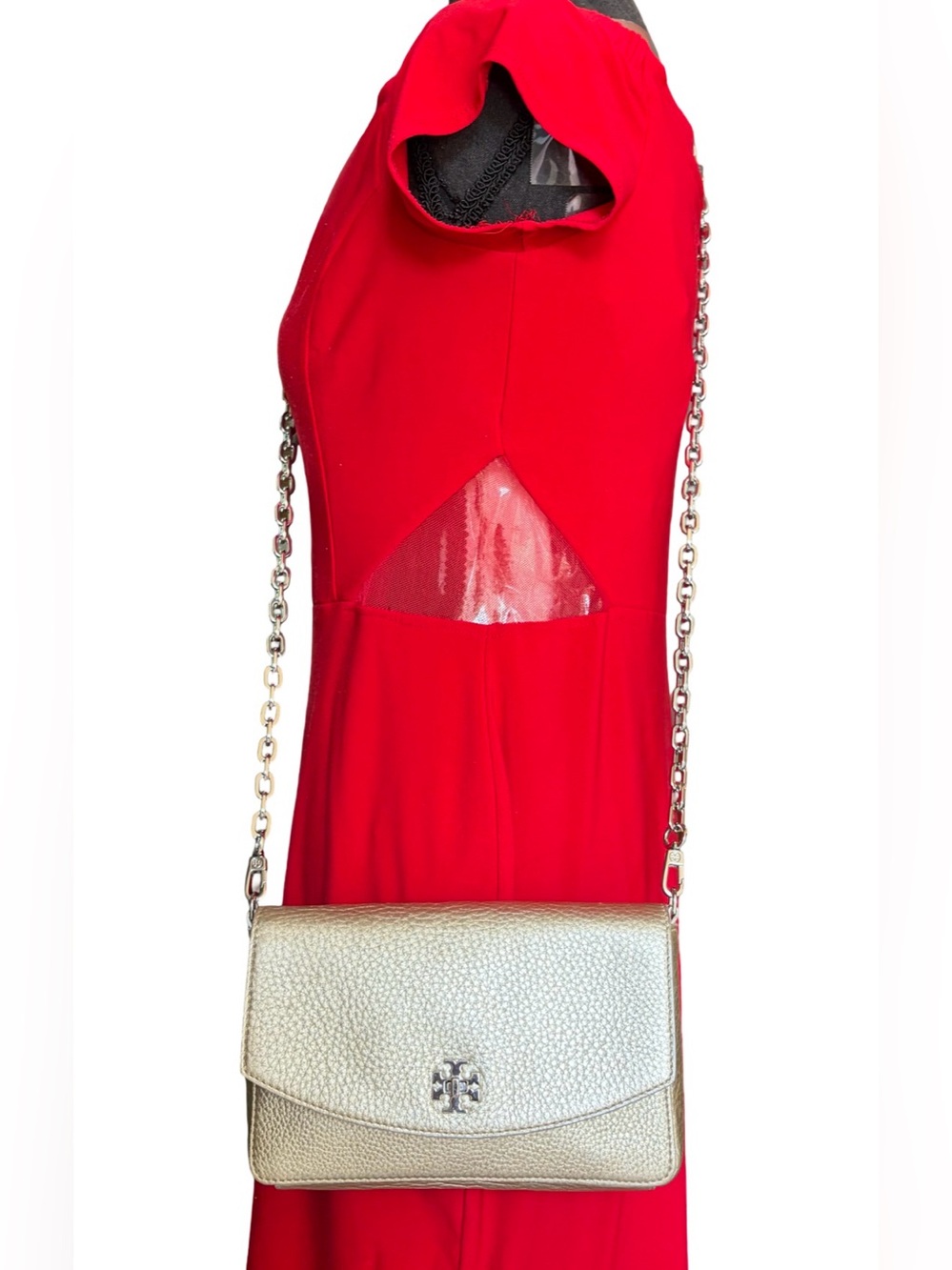 Tory Burch Gold Pebbled Leather With Silver Chain Wallet Crossbody Shoulder Bag - Picture 11 of 16
